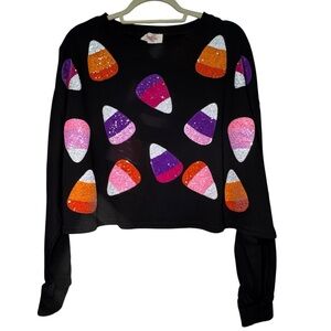 Peach Love California Black Sweater with Colorful Candy Corn Design -size S NWT